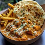 Creamy Butter Chicken with Garlic Drizzle, Fries & Warm Naan