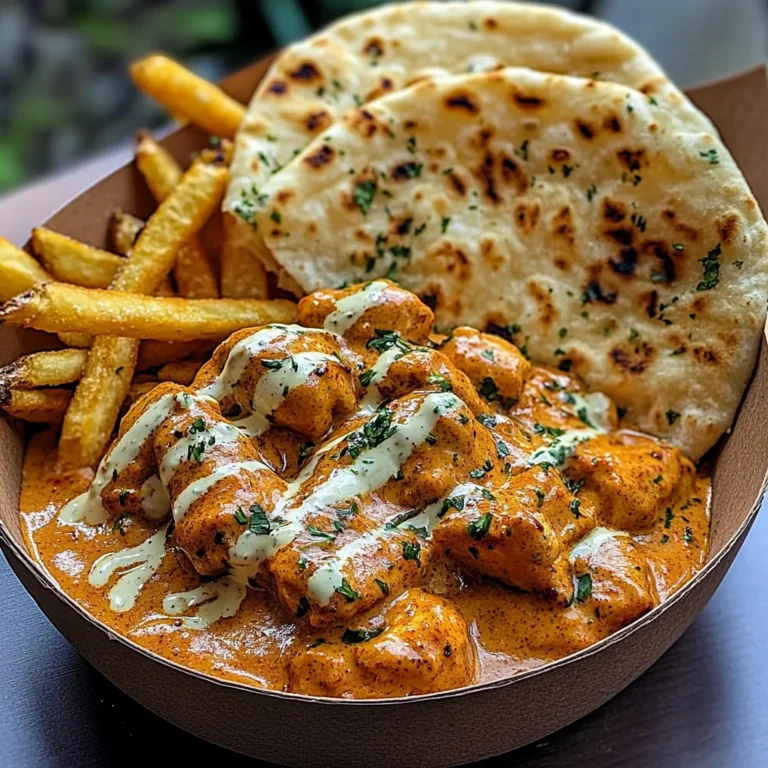 Creamy Butter Chicken with Garlic Drizzle, Fries & Warm Naan
