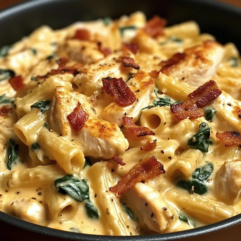 Creamy Chicken Pasta with Bacon, Spinach & Cheese