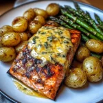 Grilled Salmon with Garlic Potatoes & Cheesy Asparagus