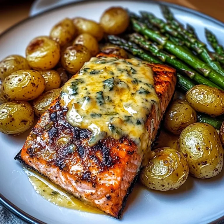 Grilled Salmon with Garlic Potatoes & Cheesy Asparagus