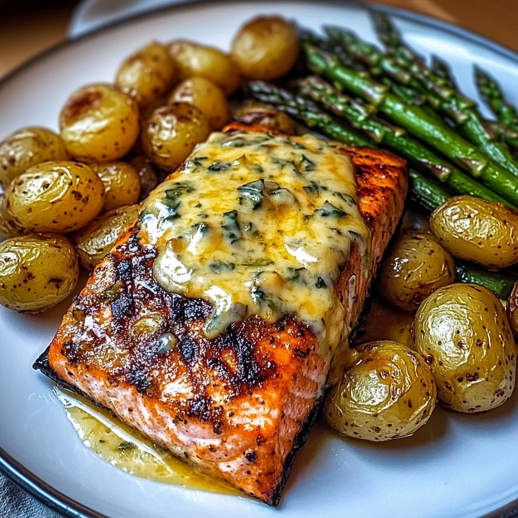 Grilled Salmon with Garlic Potatoes & Cheesy Asparagus