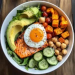 Omega Bowl: Salmon, Jammy Egg & Greens with Chickpeas & Sweet Potato
