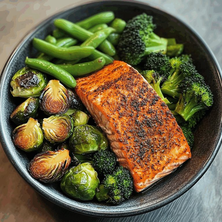 Spiced Salmon Bowl with Roasted Brussels, Sautéed Greens & Steamed Broccoli